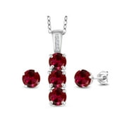 Gem Stone King 925 Sterling Silver Red Created Ruby and White Diamond Pendant and Earrings Jewelry Set For Women (3.04 Cttw, Gemstone July Birthstone, with 18 inch Chain)