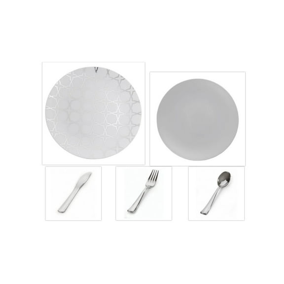 Geo Design Collection White w/Silver Overlay 10.25" Dinner Plastic Plates   Gray 8" Salad Plastic Plates   Silver Cutlery *Party of 100*