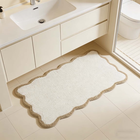 Surpdew Luxury Cute Bathroom Rugs, Boho Bath Mat W/Beige Sand Scalloped Edge, Microfiber Trendy Funky Fun Preppy Rug, Extra Soft Bathroom Mat Non-Slip For Shower, And Bath Room Beige 16 X 24