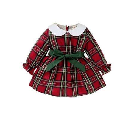 

uukiA Infant Baby Girl Plaid Fit Round Neck Long Sleeve Belted Casual Mini Dress