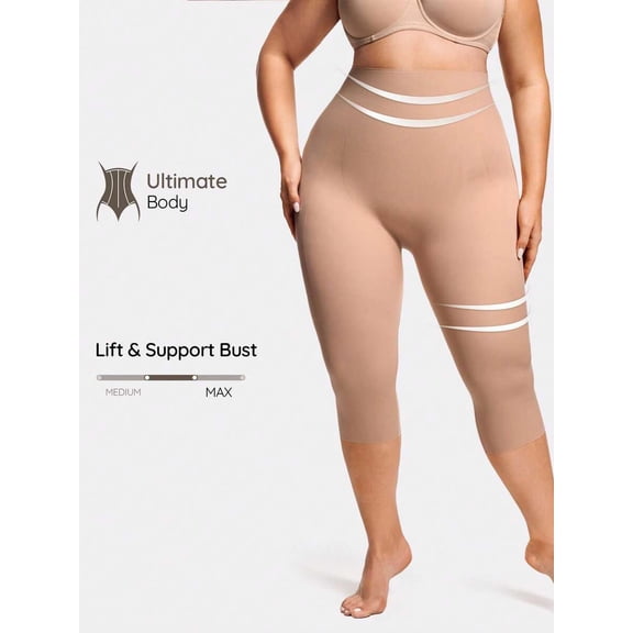 Coffee Brown High Waist 3/4 Shapewear Pants With Bust Lift Support