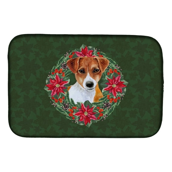 Jack Russell Terrier Poinsetta Wreath Dish Drying Mat