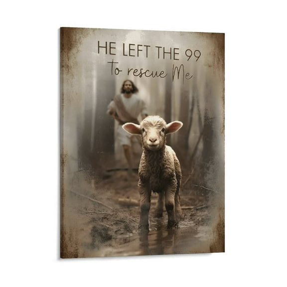 Jesus Chasing Lost Lamb Poster Wrapped Wooden Frame Wall Decor,,Canvas Wall Art for Living Room,Bedroom,Office,Ready to Hang