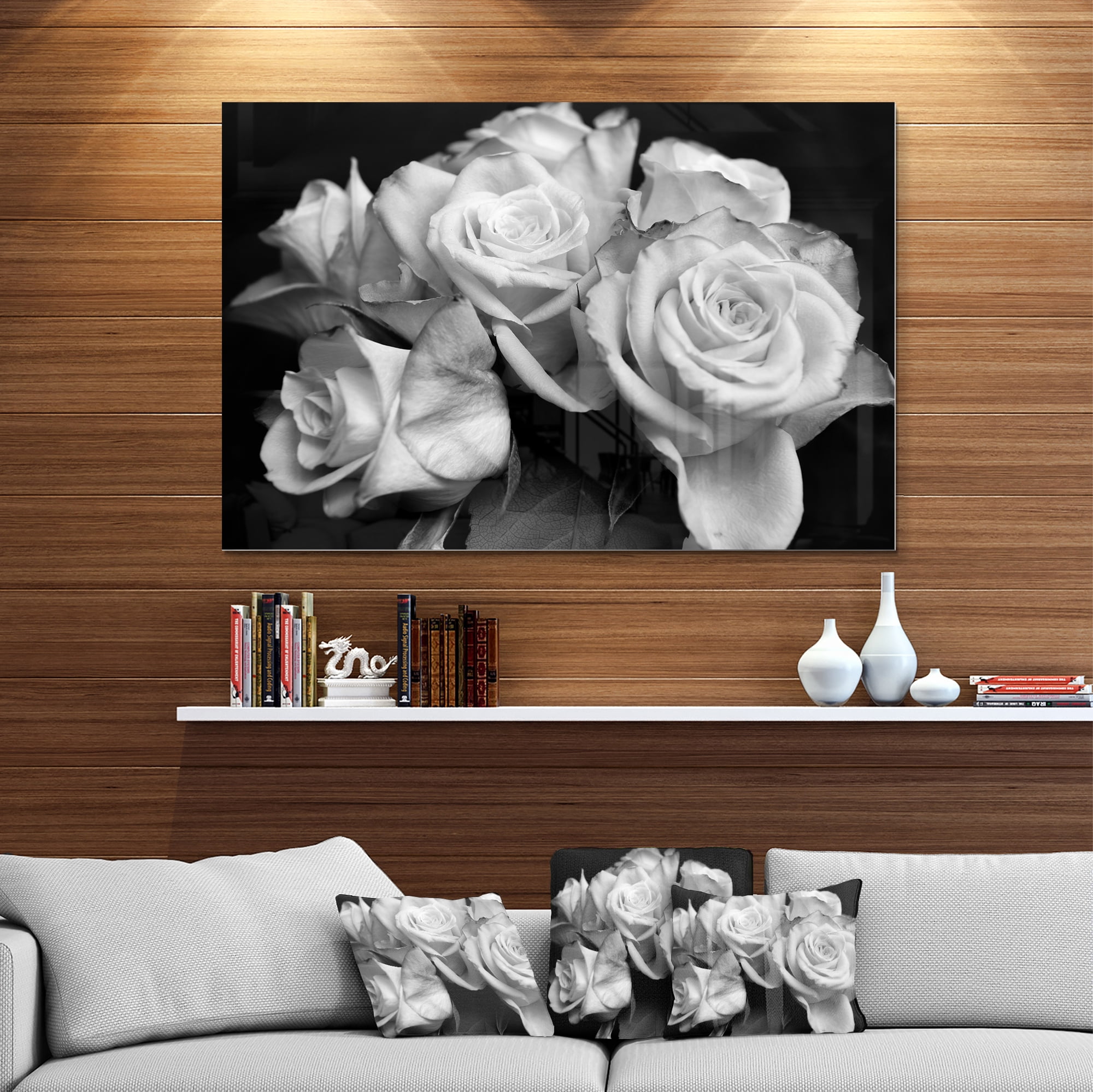 Designart 'Bunch of Roses Black and White' Metal Wall Art