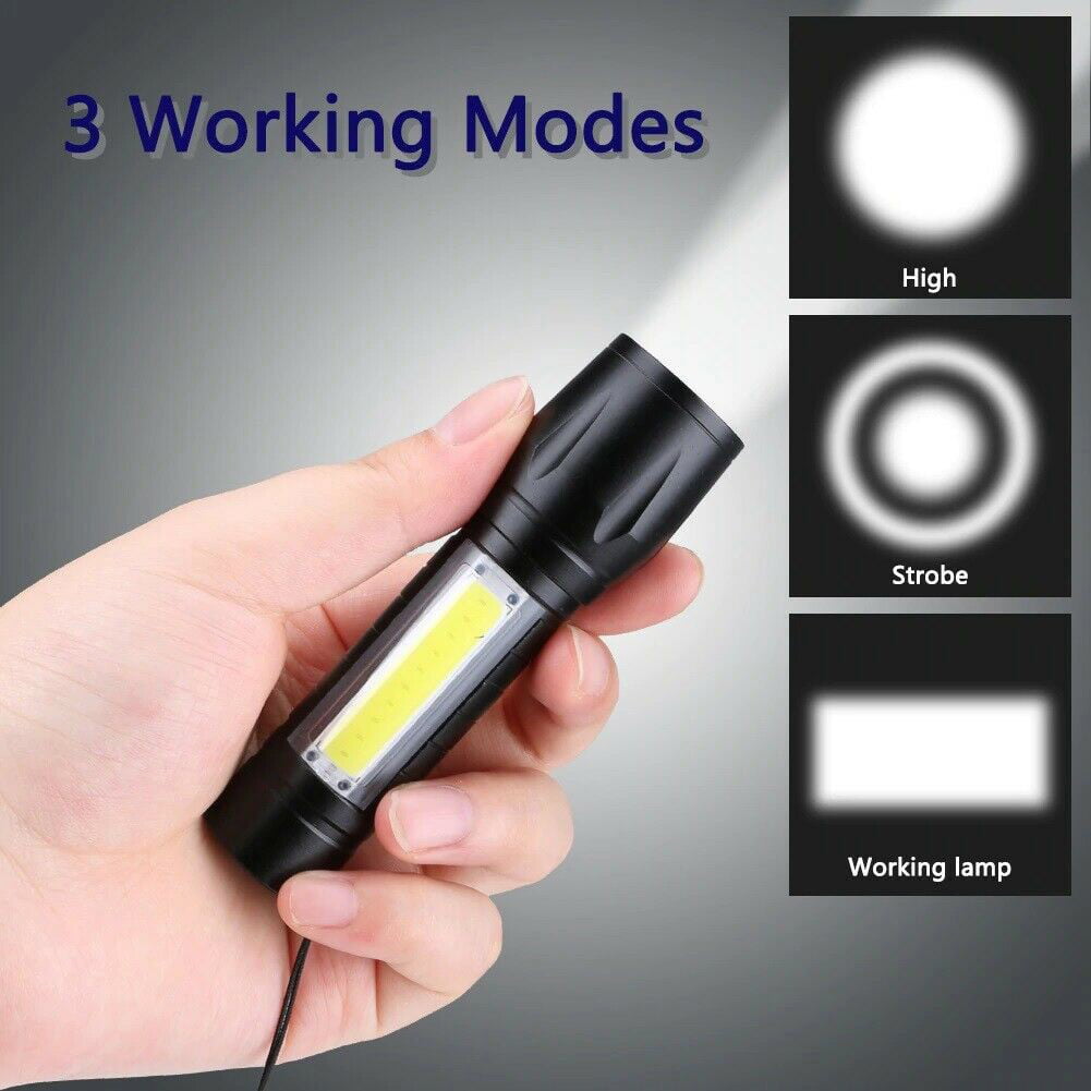 LED Flashlight Zoom Camping Hiking Torch USB Rechargeable Mini COB Work Lamp 