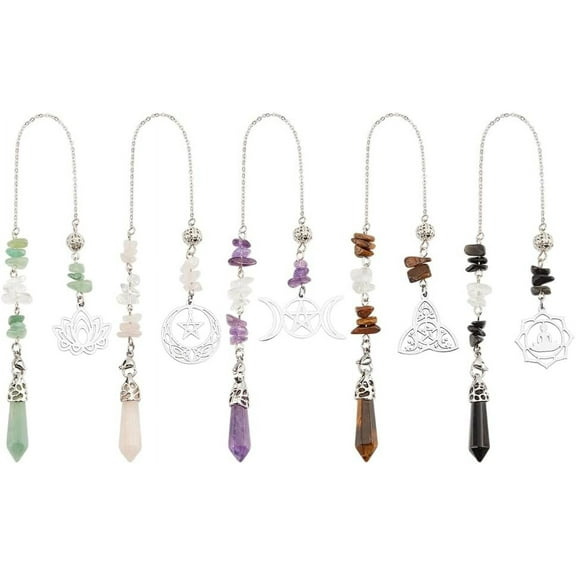 5Pcs Natural Gemstones Pendulum 5 Styles Crystal Dowsing Pendulum Reki Gemstone Chips Orgone Pendulum
