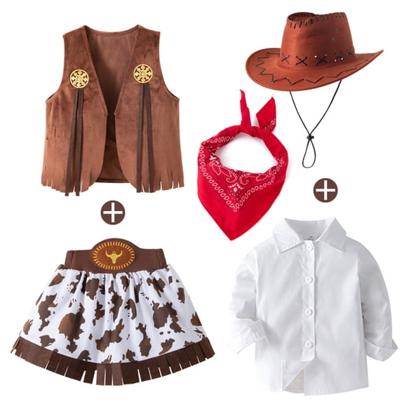 JAJAHO Kids Cowgirl Outfits For Girls Dress Up Clothes Sets Long Sleeve Shirts Tassels Hem Skirts With Waistcoat Hat Scarf 5 Piece Versatile Outfit