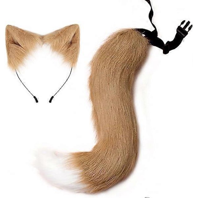 Tail and Ears Set Fox Fur Tail Cosplay Costume, Long Faux Fur Fox Tail with Ears Halloween Fancy Dress Costume