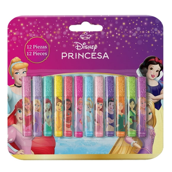 Brillo Labial Princesas con 12 Piezas Decoradas, Tapa con Glitter, Ideal para Juego y Regalo Infantil - MAKEUPERIA