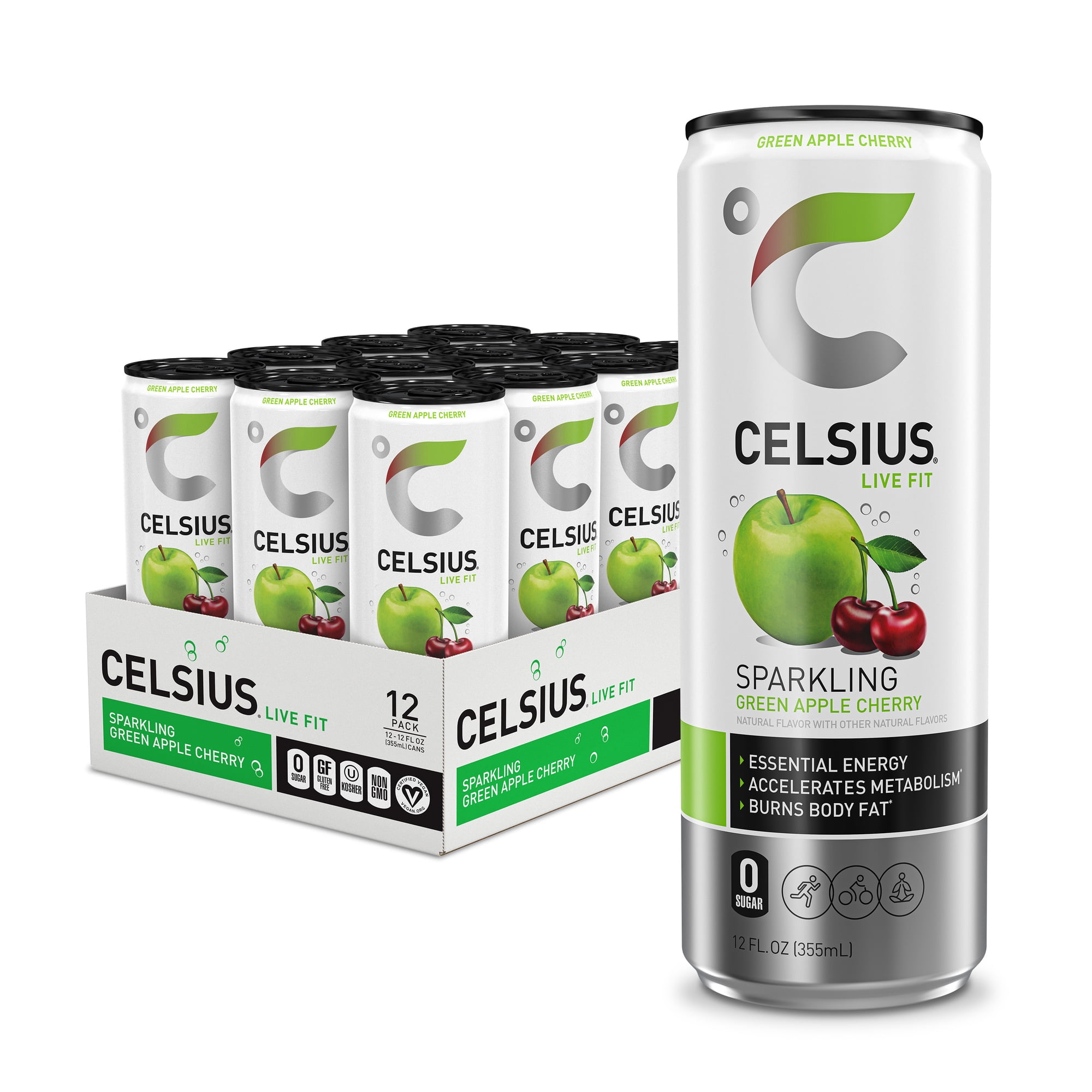 CELSIUS Sparkling Green Apple Cherry, Functional Energy Drink 12 fl oz Can (Pack of 12)