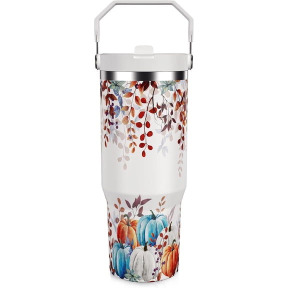 30oz Fall Tumbler with Handle and Flip Straw, Fall Gifts for Women, Reusable Stainless Steel Thanksgiving Tumbler, Insulated Leak Proof Travel Coffee Mug, Thanksgiving Gifts