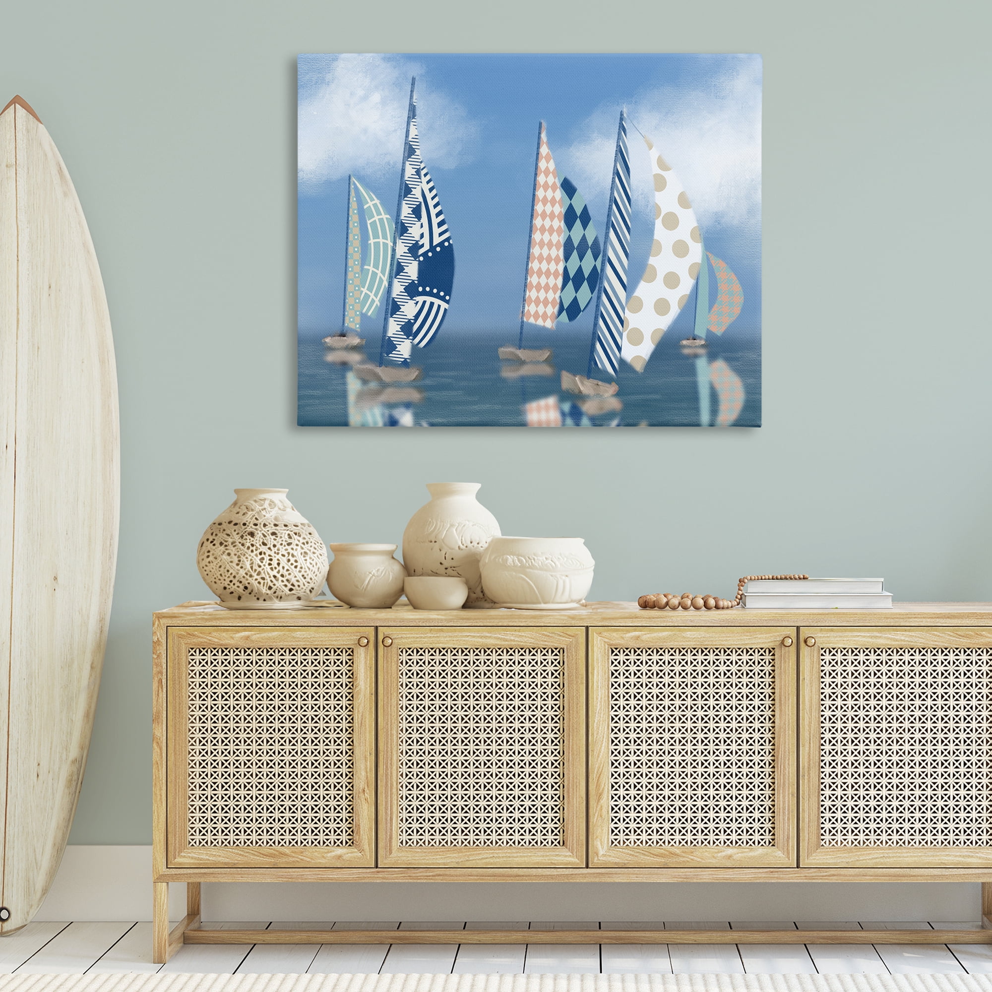 Stupell Industries Patchwork Coastal Sailboats Transportation Painting Gallery Wrapped Canvas Art Print Wall Art, 48 x 36