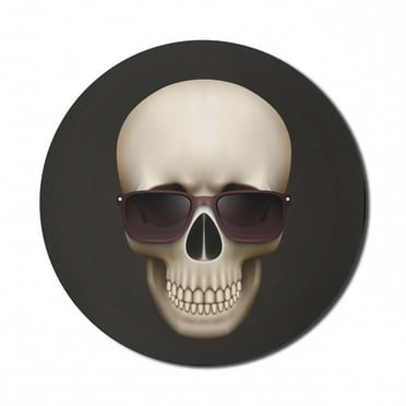 Skull Mouse Pad for Computers, Funny Illustration of a Skeleton Head with Sunglasses and Smiling Teeth Print, Round Non-Slip Thick Rubber Modern Mousepad, 8" Round, Grey and Beige, by Ambesonne