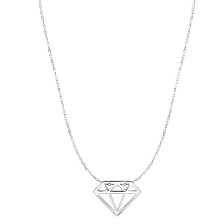 14k Shiny White Gold Diamond Shape Pendant Necklace, Spring Ring Clasp - 17
