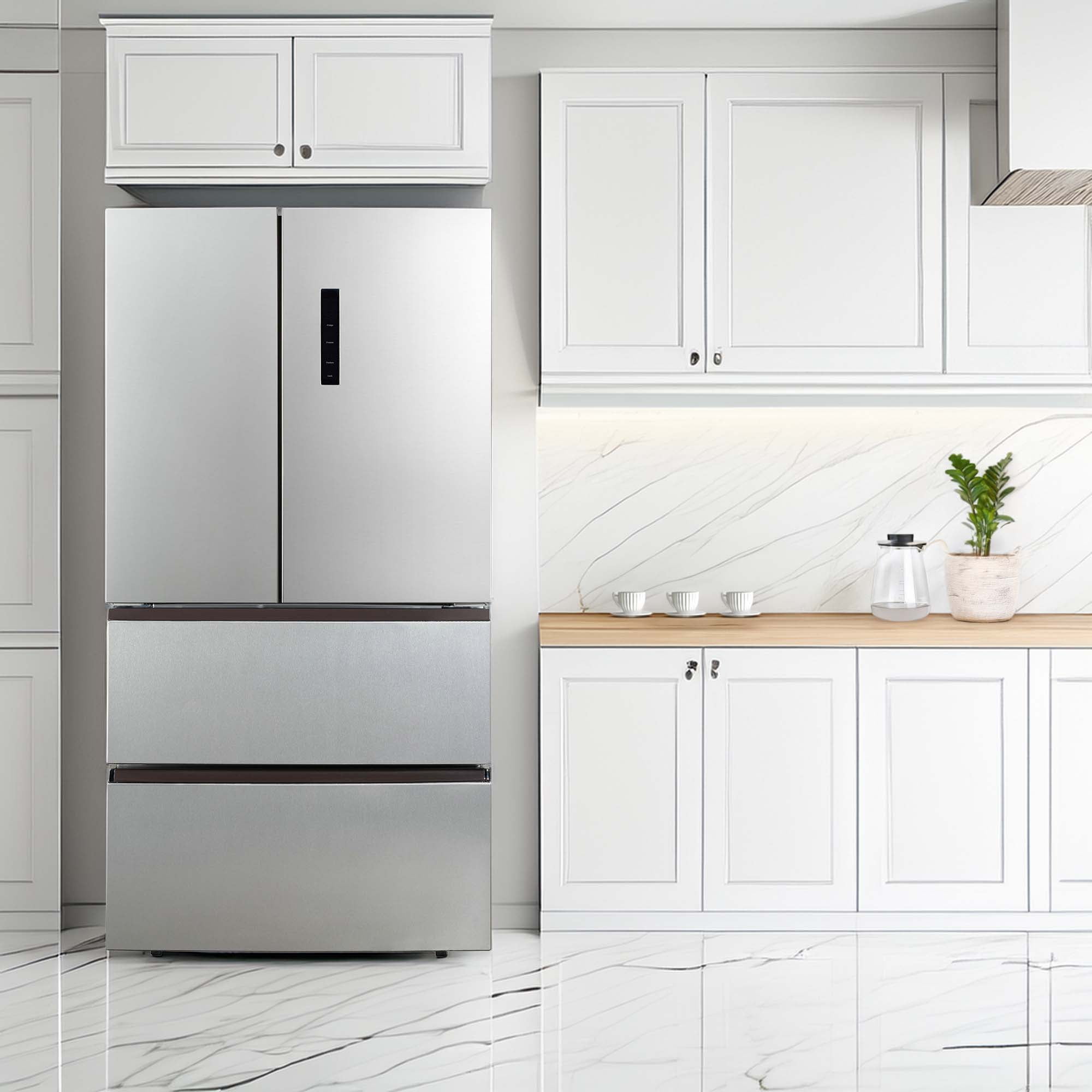 Hamilton Beach 17.9 cu. ft. French Door Refrigerator with Double Freezer, Stainless Steel Fridge with Digital Display and Interior Lighting