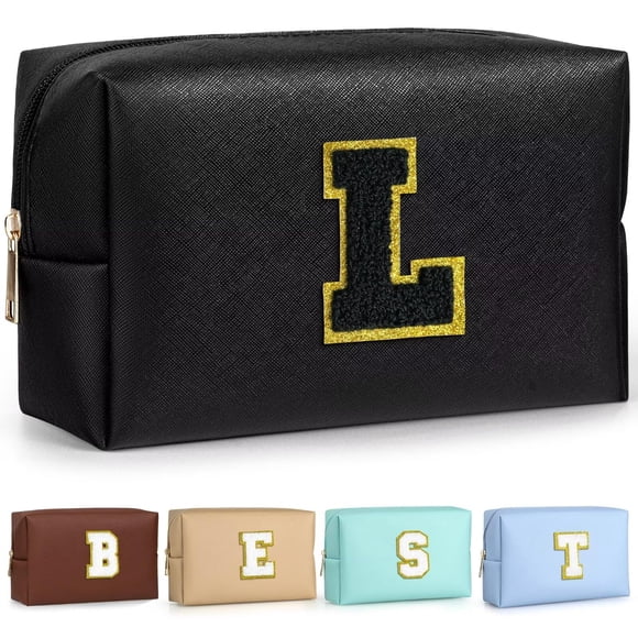 TOPEAST Regalos de cumpleaños personalizados para mujer, Neceser de maquillaje con parches preppy, Neceser de chenilla con letras, Organizador de viaje, Regalos de cumpleaños para amigas, Cosas lindas