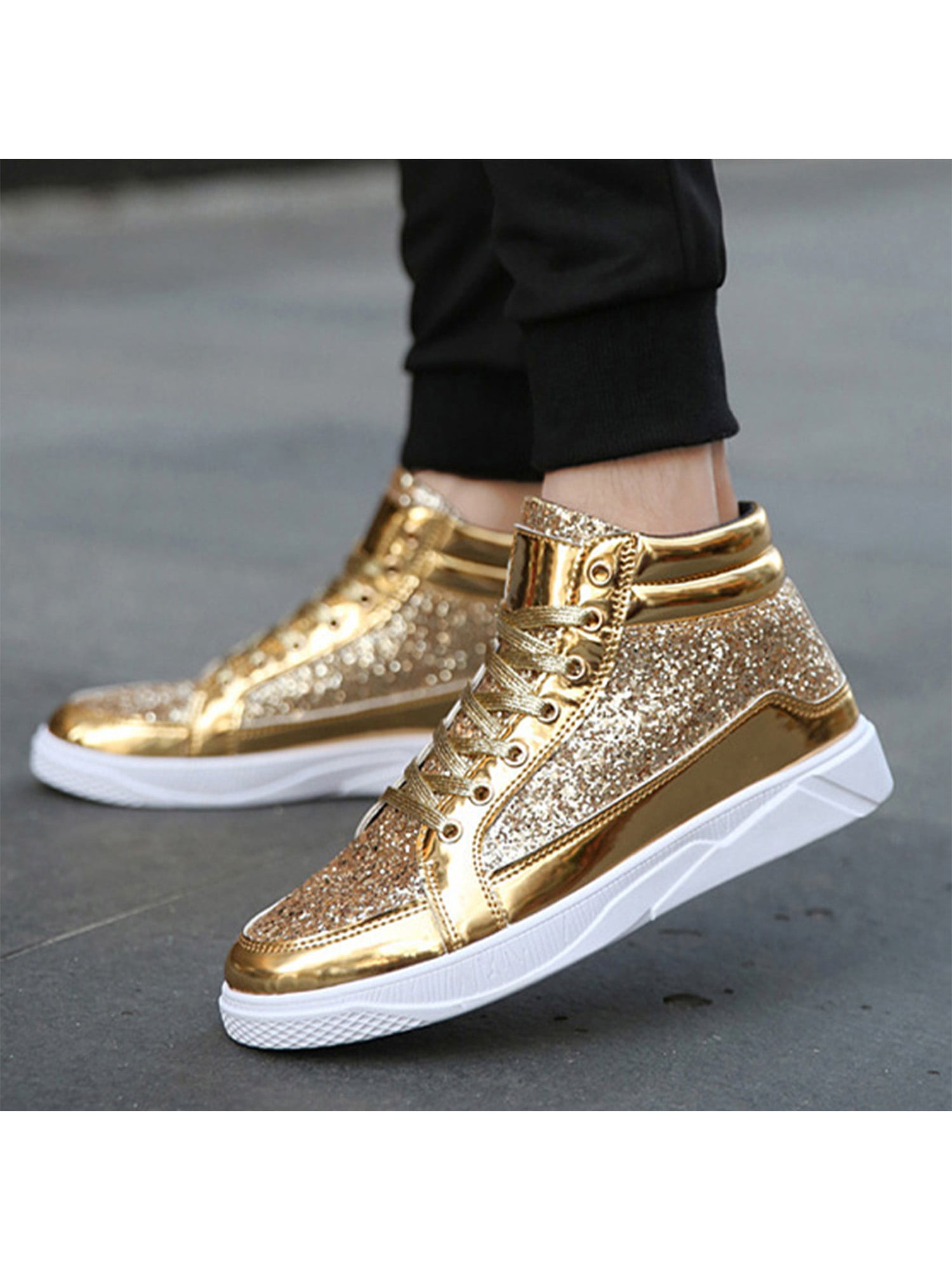 Men's Shoes Fashion High Top Skateboard Bling Bling Lace Up Rivets Sneakers Hot 