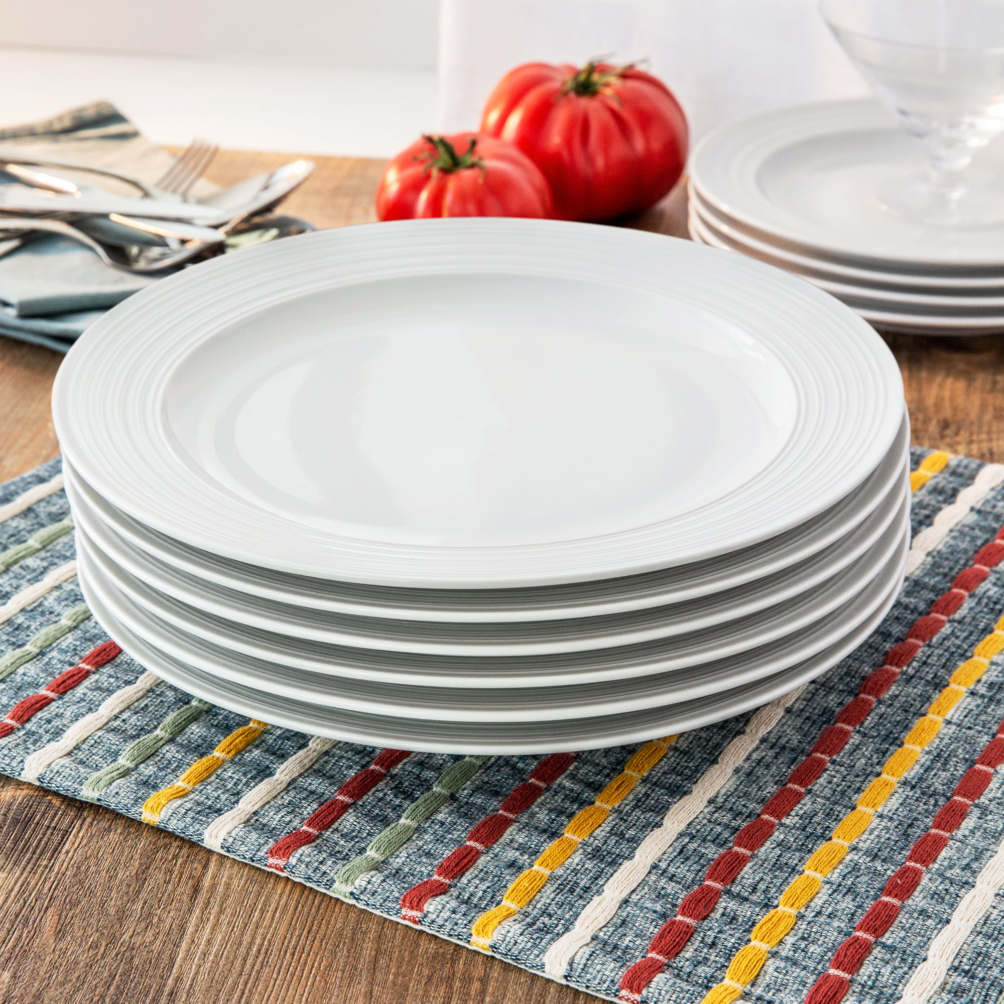 Better Homes \u0026 Gardens Porcelain Anniston Textured Edge Dinner Plates, Set of 12, White ...