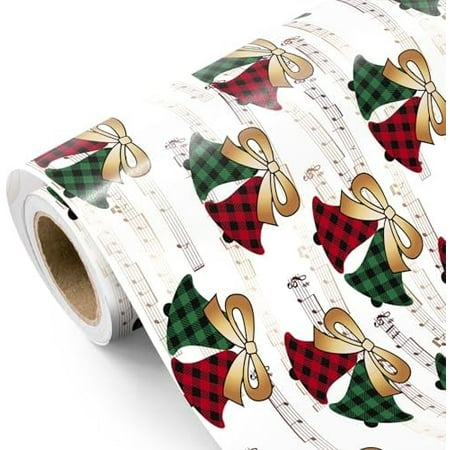 Music Note Christmas Wrapping Paper Roll - Mini Roll - 17 Inch x 16.5 Feet - Buffalo Plaid Christmas Bells and Music Note Wrapping Paper for Xmas Holiday, Party Celebration