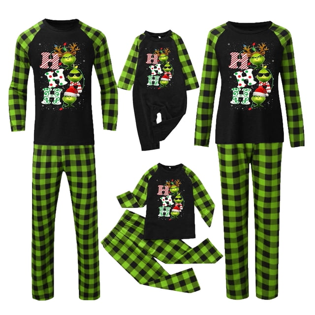 Conjuntos de pijamas navideños familiares a juego Grinch 2024, pijama de Grinch con parte superior y pantalones de pijama a cuadros, pijama de Grinch para niños y adultos para la familia, 9 Meses