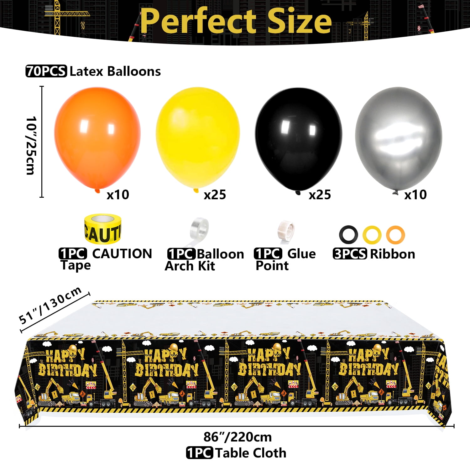 Hegbolke Construction Birthday Party Decoration Kits, 180 cm Plastic/Latex Yellow