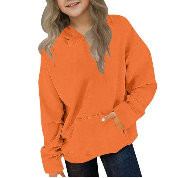 Atogsazn Girls Fleece Oversized Hoodies Kids Pullover Long Sleeve Sweatshirt Basic Classic Tops Fall Clothes with Pocket Orange 11-12 Years Fashion