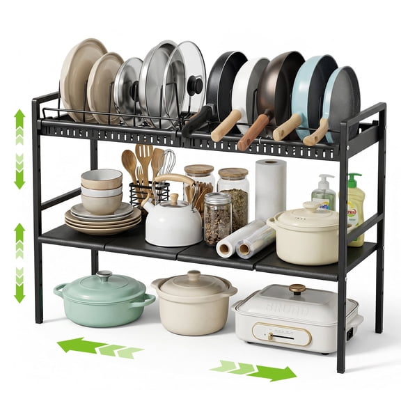 Expandable Pots and Pans Organizer Under Cabinet, 2-Tier Adjustable Pot Rack with 2 Removable Lid Holders, Black