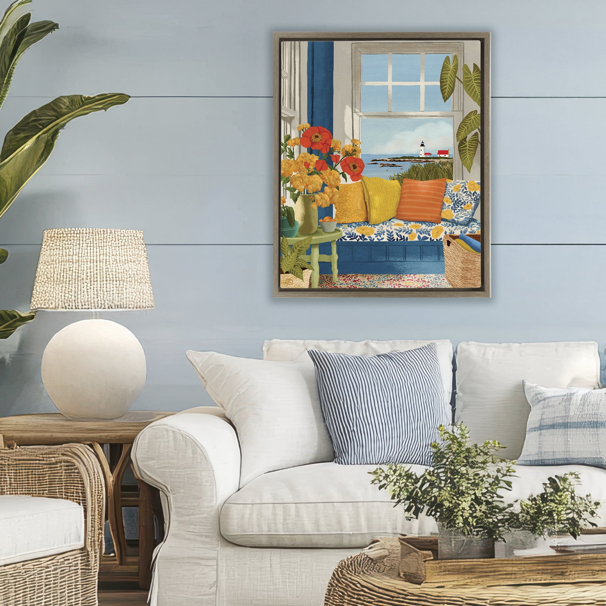 Stupell Industries Distant Lighthouse Window View Brown Framed Floater Canvas Wall Art, design by Lisa R Dumm