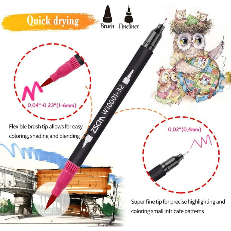 ZSCM 32 Colors Duo Tip Brush Art Markers Set, Gifts for Mother, Artist Fine  and Brush Tip Colored Pens, for Kids Adult Coloring Books, Bullet