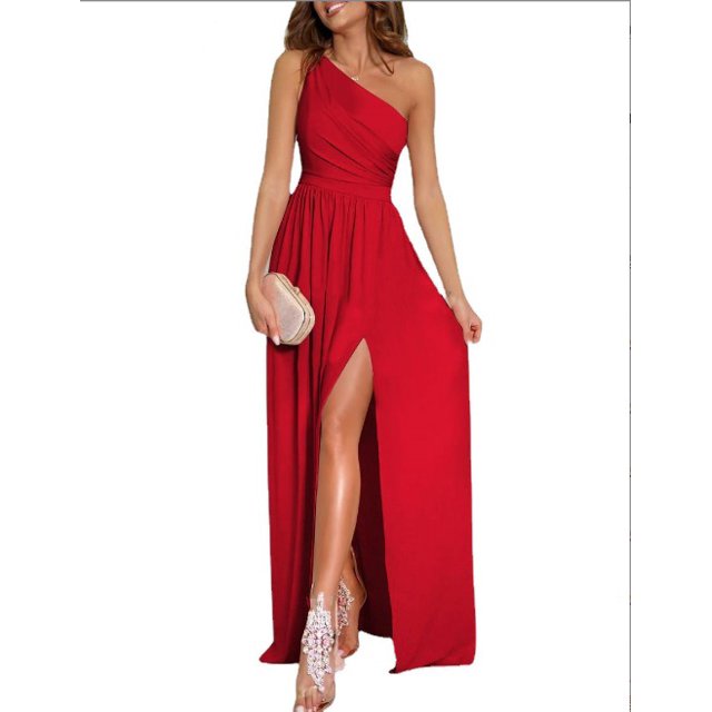 Sexy Sólido Un Hombro Hueco Colgando Cuello Cintura Alta Dividida Vestido Extra Largo Mujer Xishao Ropa