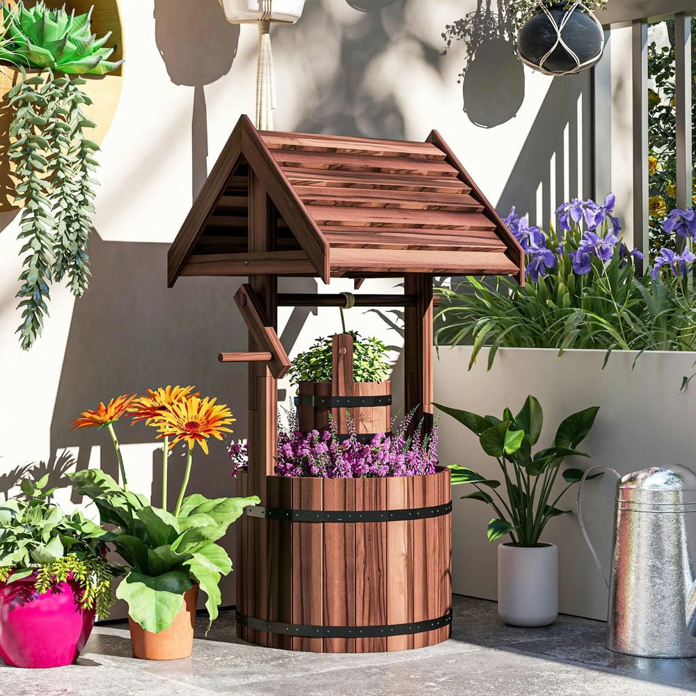 Resenkos Wood Wishing Well for Outside with Hanging Bucket, Wishing Well Planter with Drain Hole for Garden Patio, Carbonized