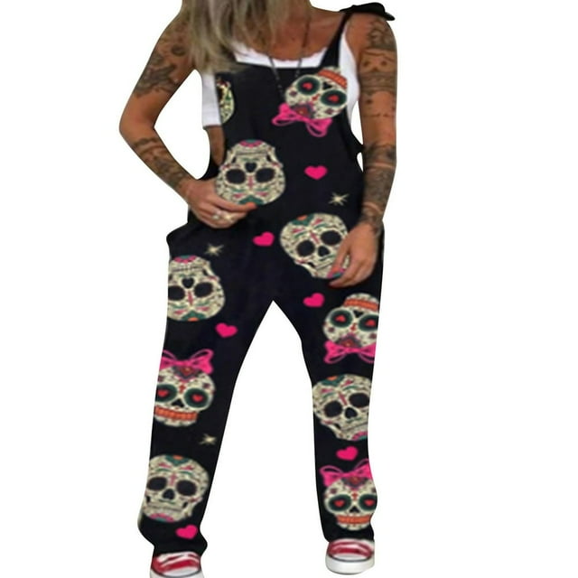 EIMELI Women Halloween Outfits Bib Pants Skull Pattern Jumpsuit Plus Size Adjustable Straps Overalls