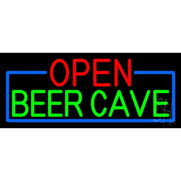 Open Beer Cave With Blue Border LED Neon Sign 10 x 24 - inches, Clear Edge Cut Acrylic Backing, with Dimmer - Bright and Premium built indoor LED Neon Sign for Bar decor.