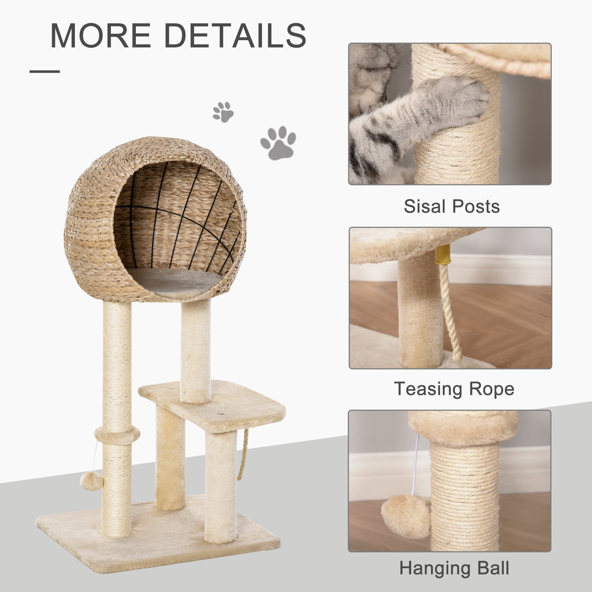 PawHut Cat Tree with Sisal Scratching Post Condo and Hanging Rope 44.5" H, Beige