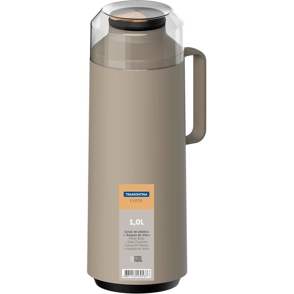 Tramontina Exata 1L Thermal Flask 61637/103 – Beige Glass-Lined Vacuum Insulated Bottle Carafe with Cup Lid for Hot & Cold Drinks