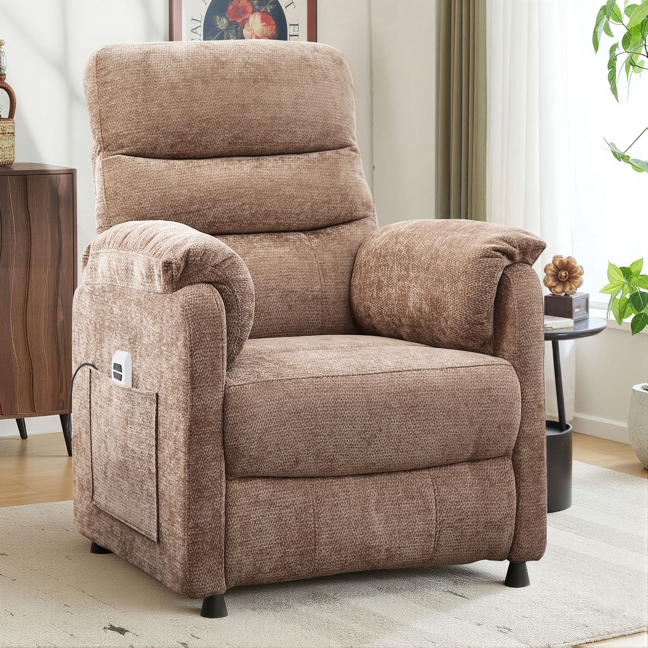 Electric Power Recliner Chair, Modern Chenille Fabric Recliner with Side Pocket & Remote, Nursery Recliner Chair for Living Room Small Space, Brown