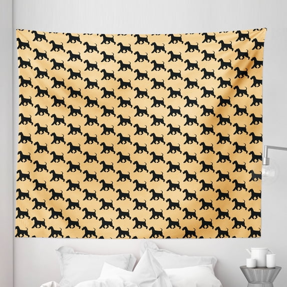 Scottie Dog Tapestry, Silhouette of Adult Animals Running and Playing Repeating Pattern, Fabric Wall Hanging Decor for Bedroom Living Room Dorm, 5 Sizes, Pale Yellow and Black, by Ambesonne