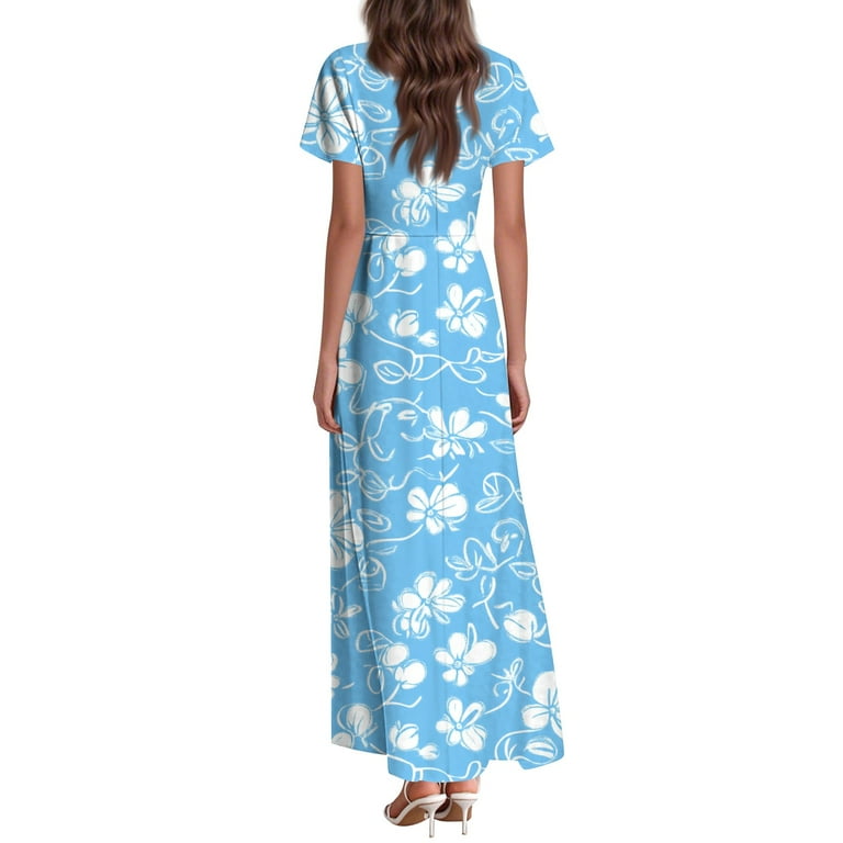 Qijie Petite Women Dresses Spring Summer V Neck Casual Floral Holiday Ruffled Short Sleeve Long Dress A-Line Boho Sundress Swing Beach Cocktail Party