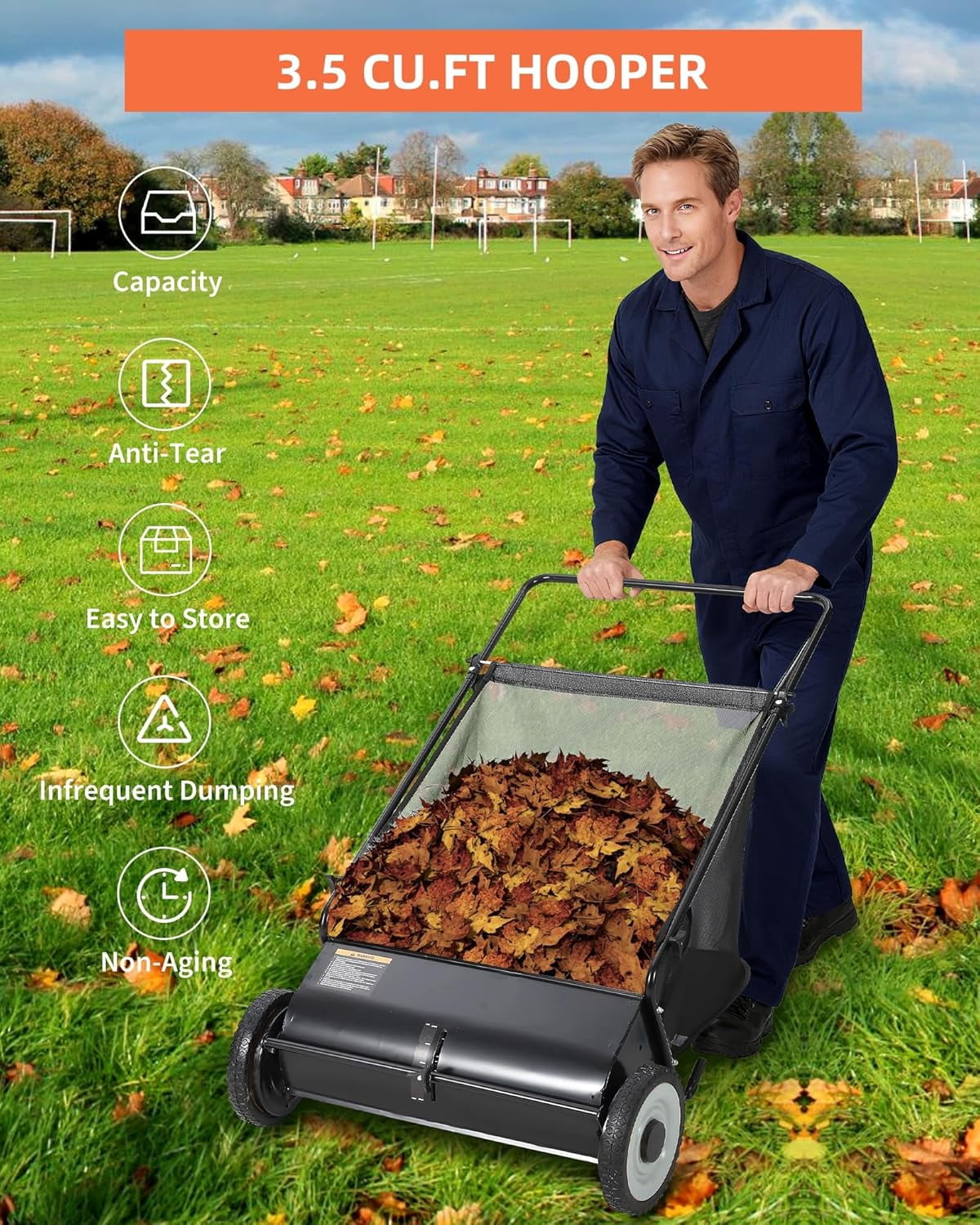 21 Inch Push Lawn Sweeper, 3.5 Cu. Ft. Hopper Capacity Grass Sweeper, Manual Push Yard Sweeper with Height Adjustment & 4 Fast Spinning Brushes for Grass Clippings, Leaves & Debris