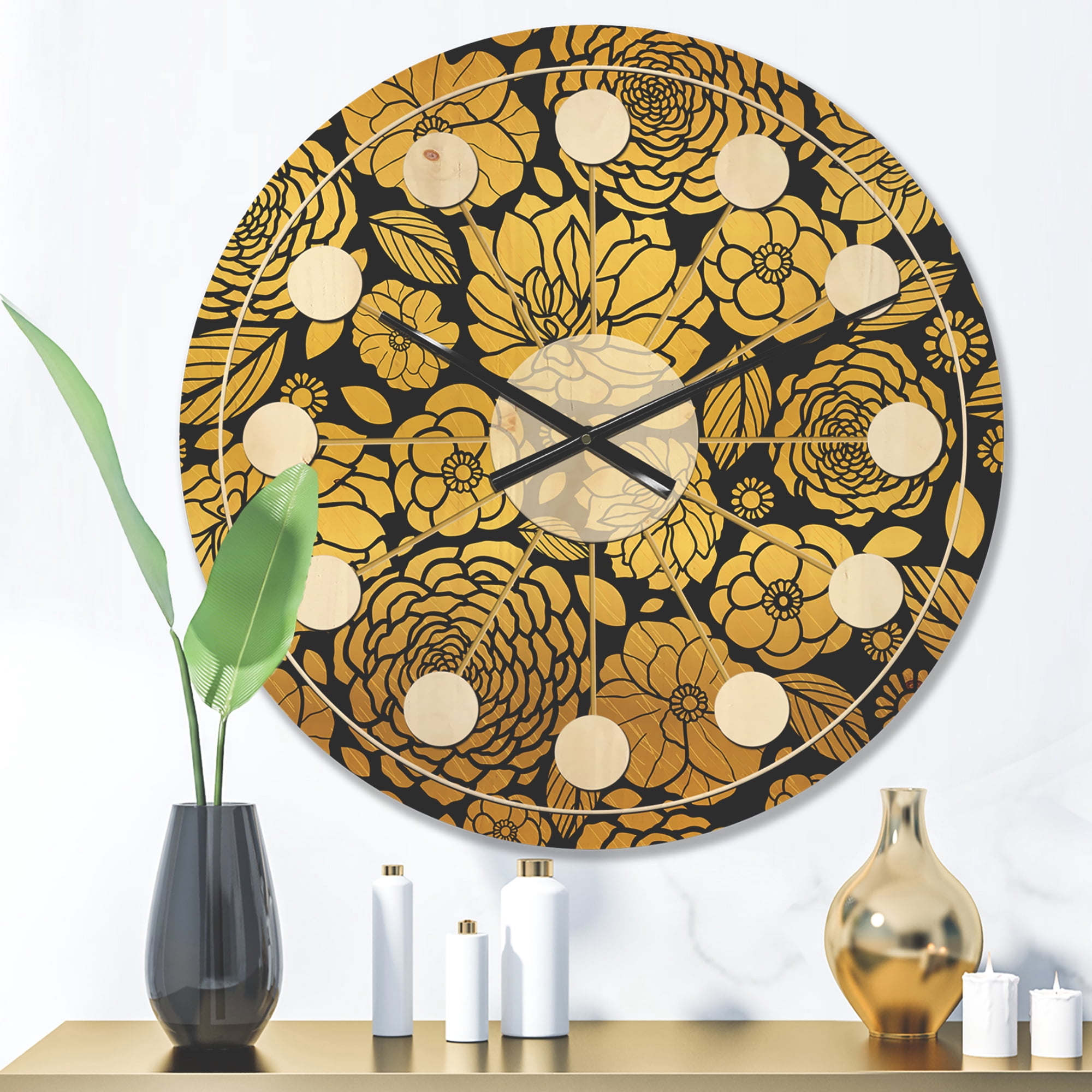 Designart 'Golden Floral Retro II' Mid-Century Modern Wood Wall Clock