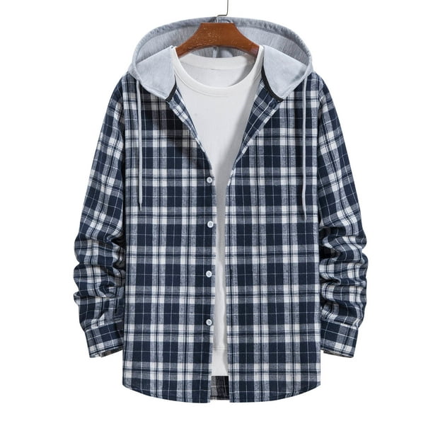 Men's Button Flannel Plaid Hoodie Shirt Long Sleeve Quilted Lined ...