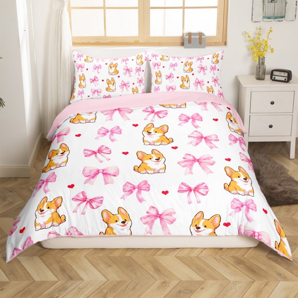 Erosebridal Cartoon Corgi Comforter Cover Queen,Kawaii Bow Bedding Sets Queen Size,Love Heart Duvet Cover Queen,Breathable Kids Bedroom Decor(No Comforter),Reversible,3 Pieces