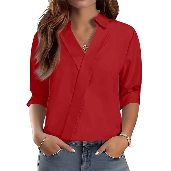 OIOLOYJM Golf Shirts for Women 2026 V-Neck 3/4 Sleeve Solid Color Polo Shirts Summer Lapel Collar Loose Fit Hiking T Shirts Business Fashion Activewear Red 2XL