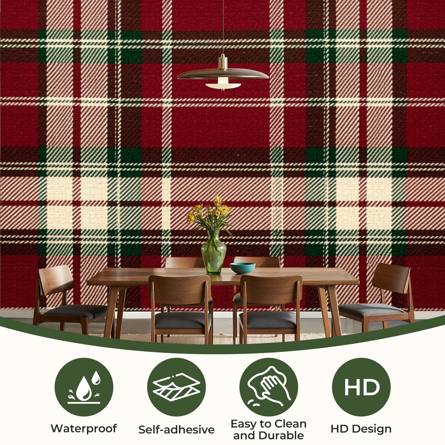 69"x98" Wall Mural Peel and Stick Wallpaper Red Green Plaid Checkered White Accents Wall Decor Self Adhesive Removable Wall Stickers for Bedroom Living Room