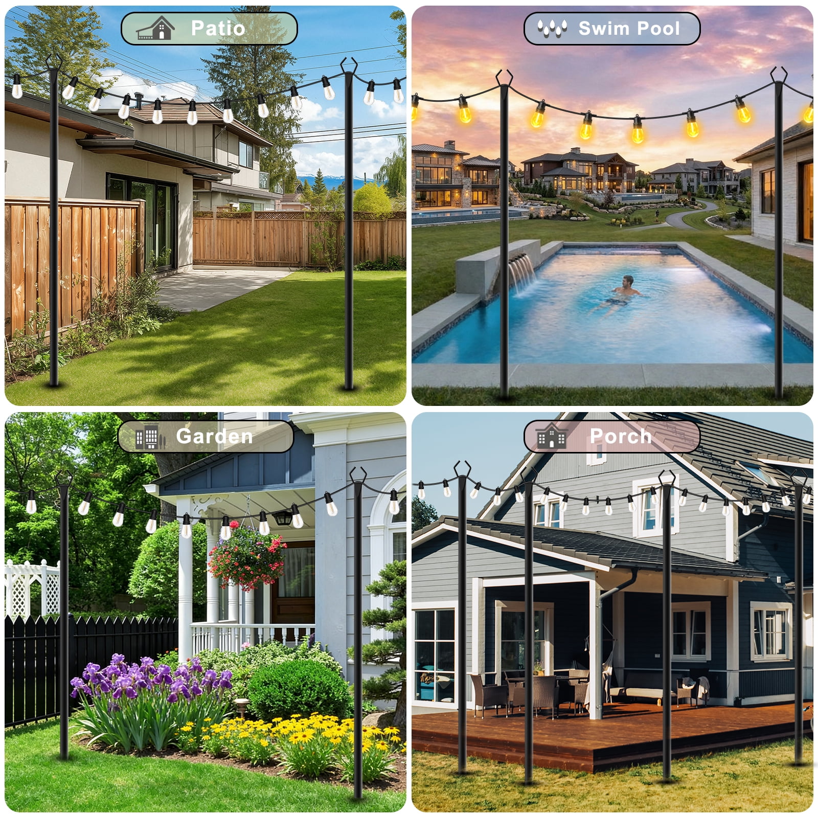 10Pack String Light Poles ,10FT Light Poles for Outside Lights,Outdoor with Fence Brackets Hanging Lights,Metal Stand Deck Patio Backyard