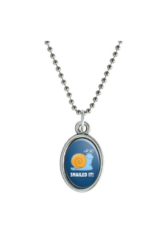 Snailed It Snail Nailed Funny Humor Antiqued Oval Charm Pendant with Chain