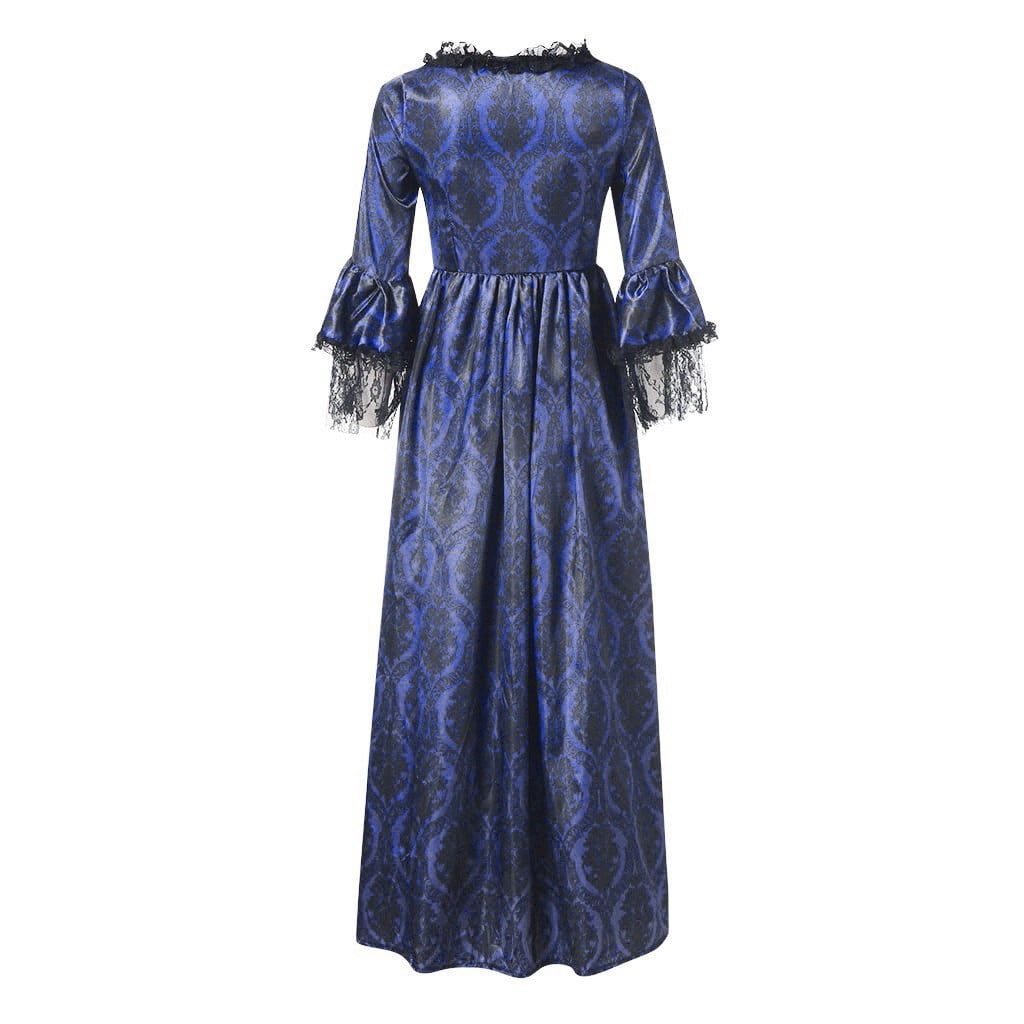 RYRJJ Women's Gorgeous Gothic Ball Gown Flared Sleeves Renaissance Vintage Medieval Dress Square Neck Lace Patchwork Masquerade Maxi Long Dress(Navy,XL)