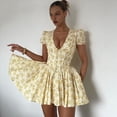thumbnail image 4 of Vestido de Mujer con Escote en V, Estampado, Ajustado, Abullonada, Cordón Ajustable, Amarillo, Talla L, 4 of 10