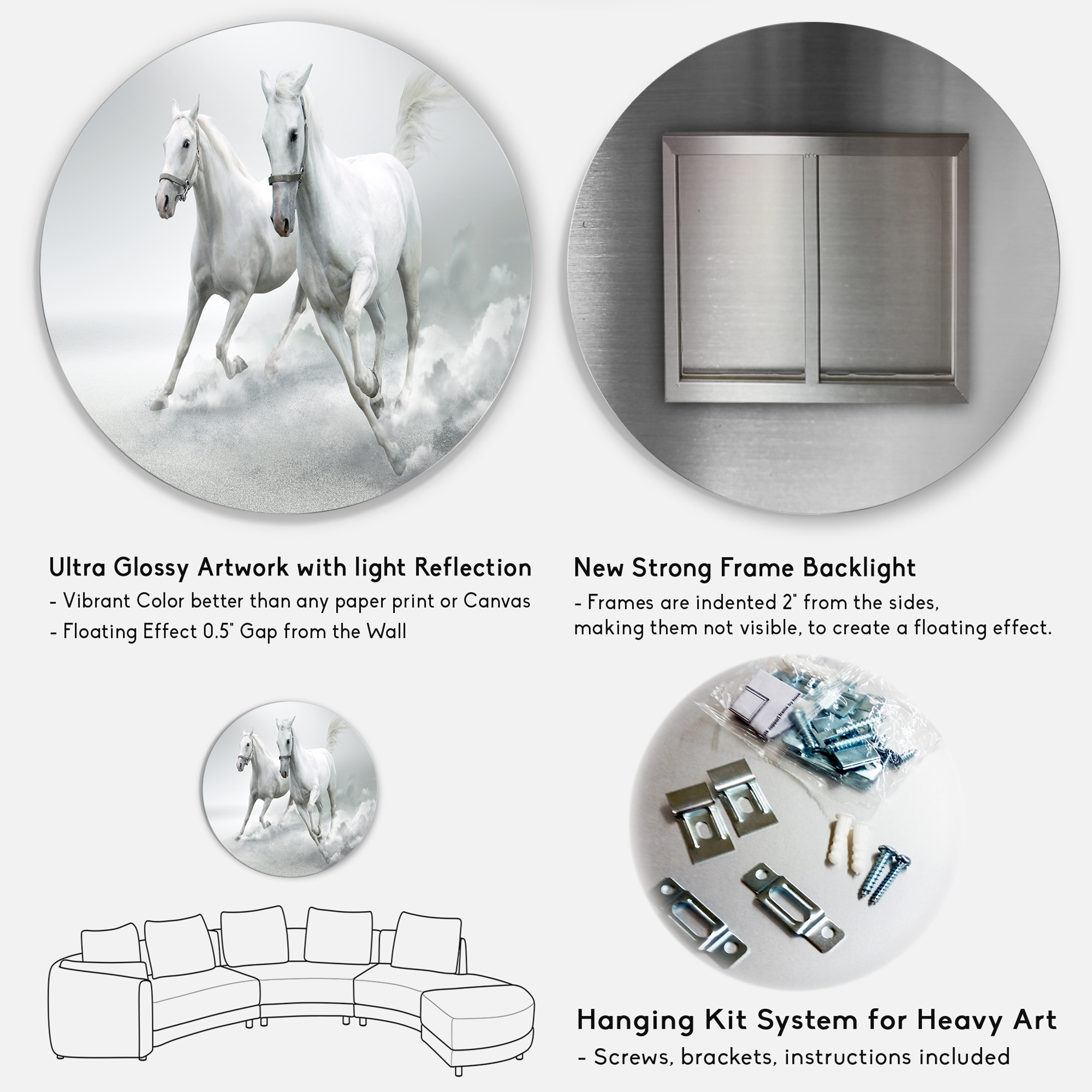 Designart 'Running White Horses' Ultra Glossy Animal Oversized Metal Circle Wall Art