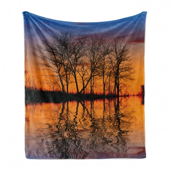 Nature Soft Flannel Fleece Throw Blanket, Landscape from Mother Earth Sunset by the Lake with Fall Trees Forest Life Image, Cozy Plush for Indoor and Outdoor Use, 50" x 60", Multicolor, by Ambesonne